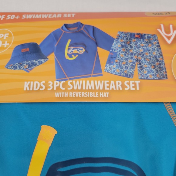 UVSkinz Kids 3 Pc Swimwear Set RashGuard Shorts Reversible Hat Size 2T Fish Vaca - Picture 2 of 4